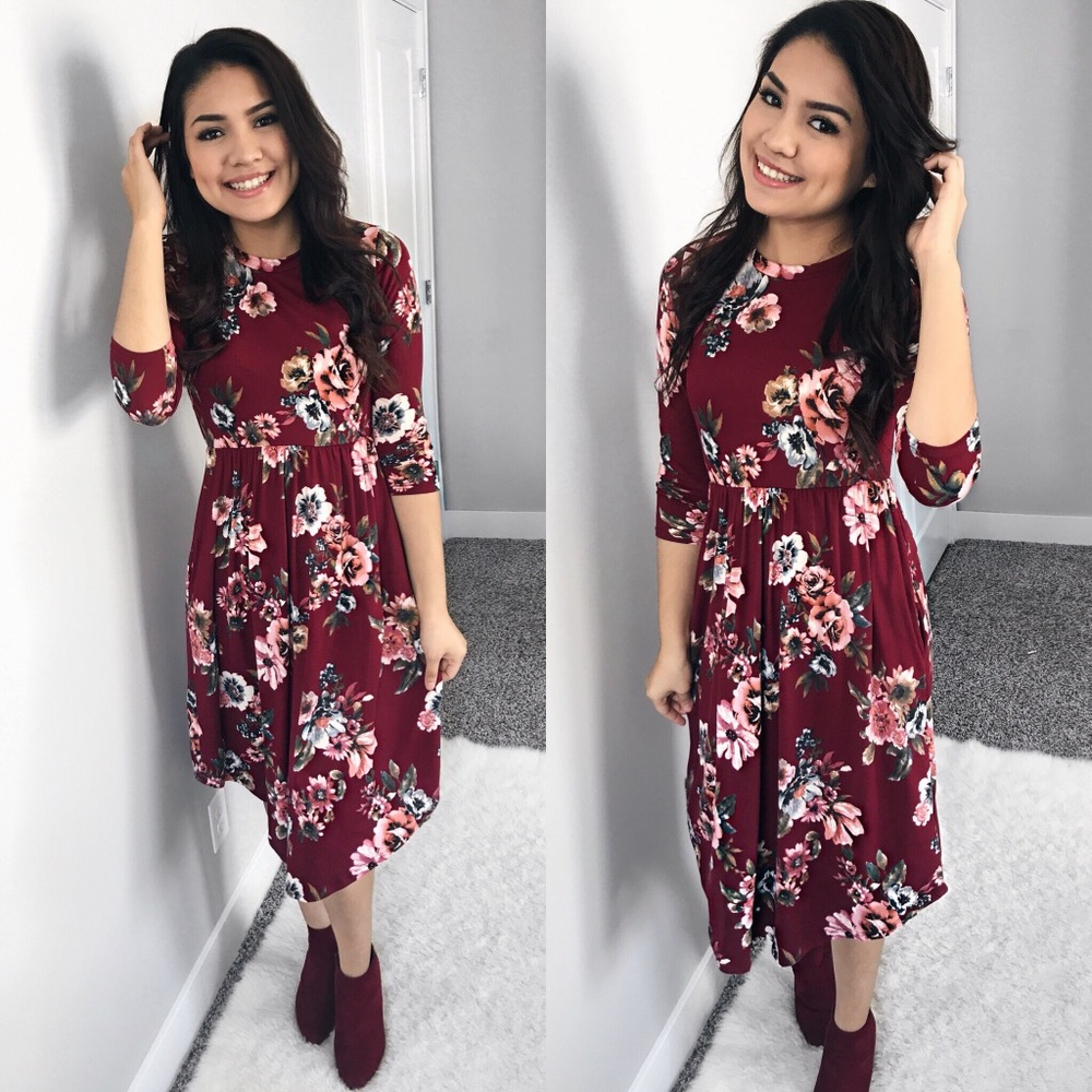 Wine Floral Midi Dress